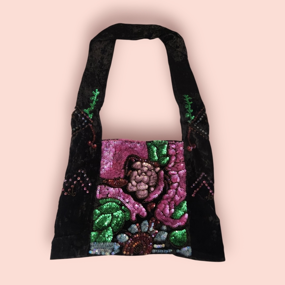 Black and Pink Floral Shoulder Bag with Artistic Design